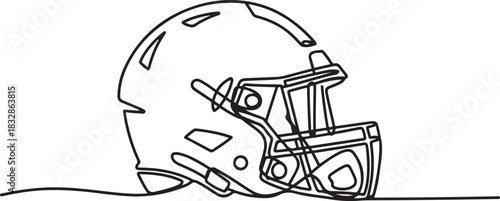 One line drawing of an American football helmet in side view. Minimalist continuous line art for vector illustrations, design prints. one line Icon drawing