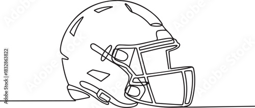 One line drawing of an American football helmet in side view. Minimalist continuous line art for vector illustrations, design prints. one line Icon drawing