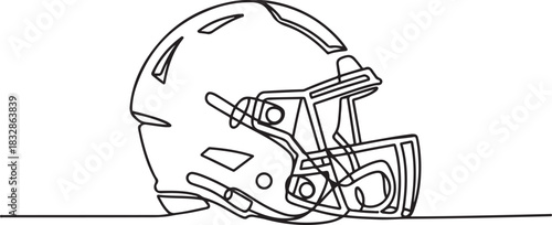 One line drawing of an American football helmet in side view. Minimalist continuous line art for vector illustrations, design prints. one line Icon drawing