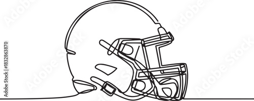 One line drawing of an American football helmet in side view. Minimalist continuous line art for vector illustrations, design prints. one line Icon drawing