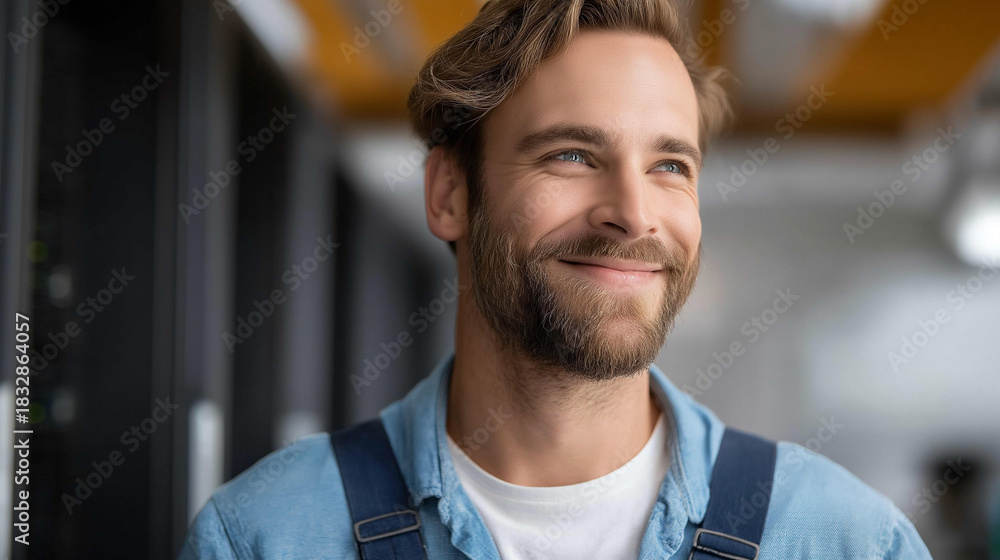 Fototapeta premium Faceless smiling engineer in server hub monitoring data center energy consumption, defocused background, happy IT expert walking, sensor functionality verification, optimal rig ope