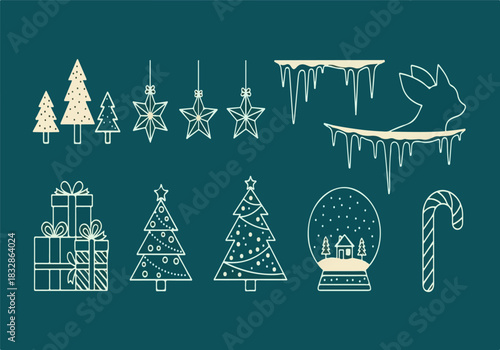 Minimalist outline Christmas icons collection including trees, gifts, snow, and winter holiday ornaments. isolated PNG with Transparent Background