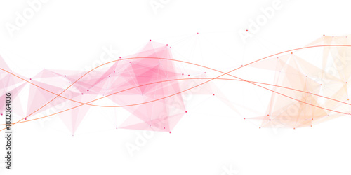 Abstract Poly wave Network Background. Soft Pink and Orange Geometric Mesh with Flowing Lines, Low-Poly Connected Dots, Modern Digital Art Texture for Creative Design