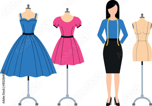 Professional Fashion Designer Standing with Measuring Tape Alongside Mannequins Displaying Two Colorful Dresses and a Blank Dress Form Vector Illustration.
