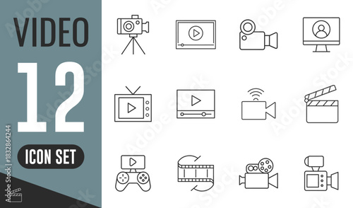 Video production and media playback line icons set, including cameras, player, monitor, clapperboard, and more elements for digital content. Vector
