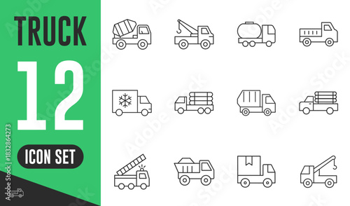 Collection line truck vehicle icons including cement mixer, tow, tanker, cargo, refrigerator, log, garbage, fire, dump, and delivery. Vector