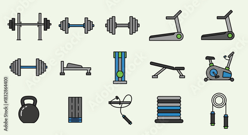Collection of flat design gym and fitness equipment icons