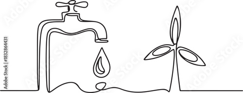 Faucet releasing water, symbolizing World Water Day in a continuous one line drawing. Renewable energy concept. one line Icon drawing