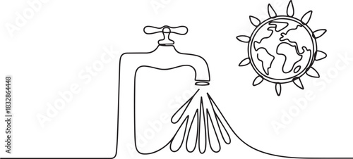 Faucet releasing water, symbolizing World Water Day in a continuous one line drawing. Renewable energy concept. one line Icon drawing