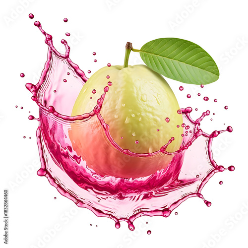 Dynamic fresh guava fruit with vibrant pink liquid splash, refreshing tropical produce, health drink concept