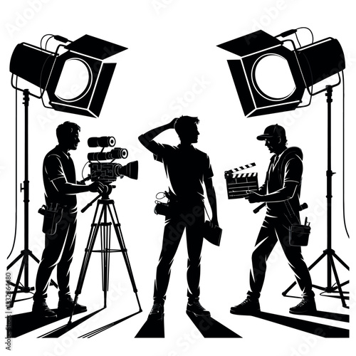 Filmmakers collaborate on a movie set with lighting and equipment.