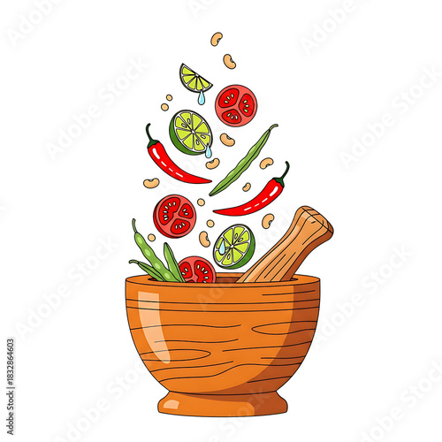 Traditional thai som tum salad ingredients falling into wooden mortar and pestle vector illustration