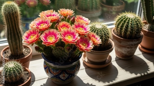 Wallpaper Mural Vibrant pink and orange cactus flowers blooming among potted succulents on a sunny windowsill Torontodigital.ca