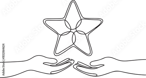 Star continuous line drawing. Rating symbol. Human arms palms. Feedback concept. Vector illustration isolated. one line Icon drawing
