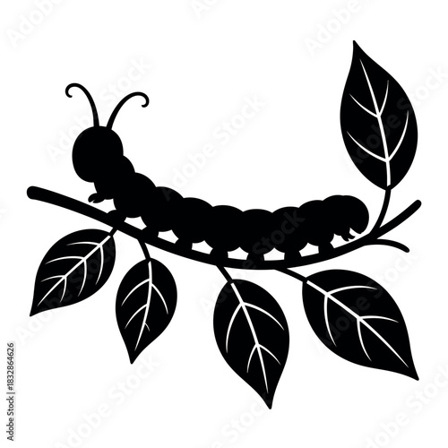 A silhouette of a caterpillar crawling on a branch with leaves.