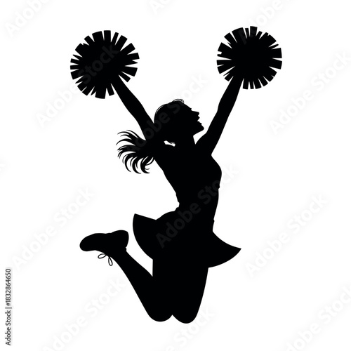 Silhouette of a cheerleader jumping with pom-poms raised high in the air.