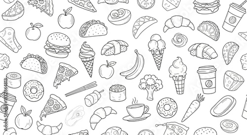 Seamless pattern of various food and drink doodle icons in black and white