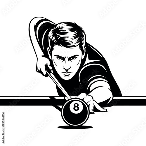 A focused man plays billiards, aiming for the eight ball in a game of pool.