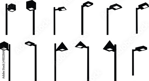 Modern street light silhouette collection, minimal urban lamp post designs, contemporary outdoor lighting vector set for city infrastructure and graphic illustration use