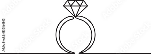 Minimalist one line drawing of diamond engagement ring, modern continuous line art, simple black outline, luxury jewelry icon. one line Icon drawing