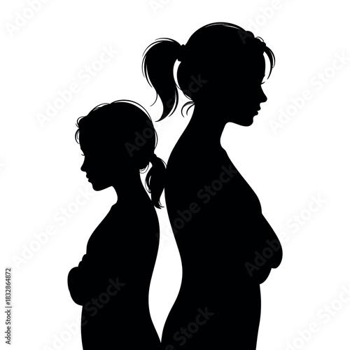 Two silhouettes of a mother and daughter standing back-to-back with arms crossed.