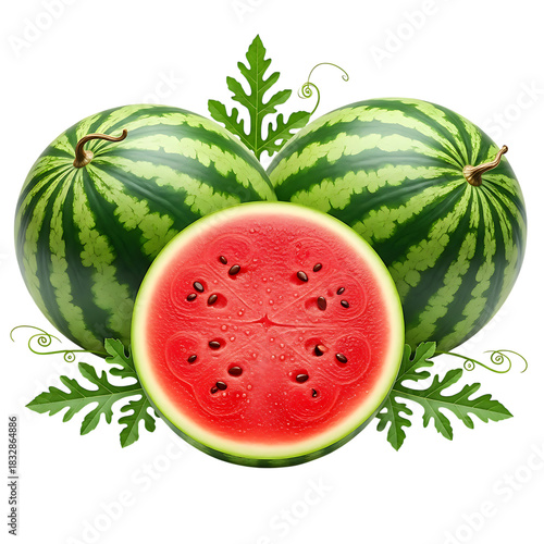 Fresh vibrant watermelons, one perfectly sliced, revealing succulent red flesh, ready for summer enjoyment