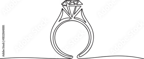 Minimalist one line drawing of diamond engagement ring, modern continuous line art, simple black outline, luxury jewelry icon. one line Icon drawing