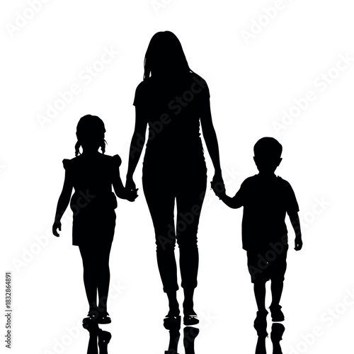 A mother holds hands with her two children as they walk together.