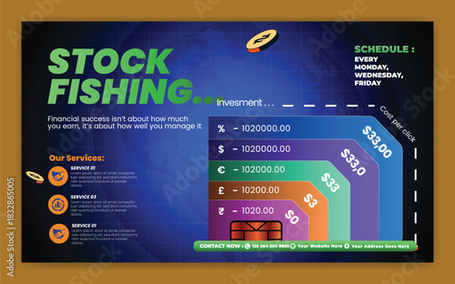 Stock fishing gear advertisement with price list and benefits