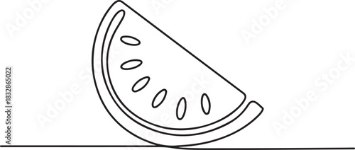 One continuous line illustration of a watermelon slice, isolated. one line Icon drawing