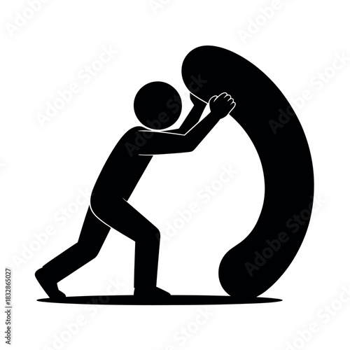 A silhouetted figure pushes a large, curved shape upward against gravity.