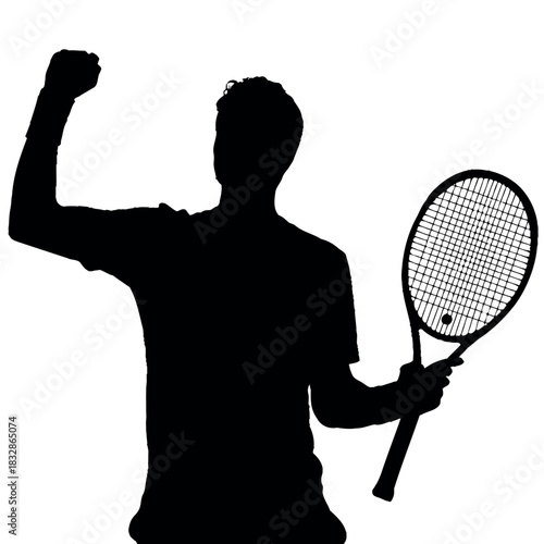 A silhouette of a tennis player celebrating a victory with a raised fist and racket.
