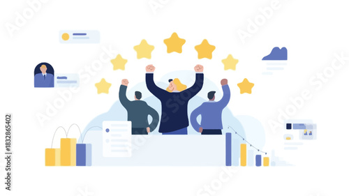 Happy customer satisfaction scene with diverse people celebrating positive feedback and excellent service