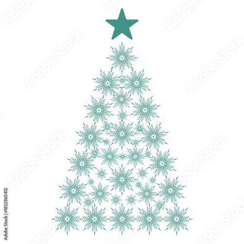 2026 trendy color vector Christmas tree isolated white background. Elegant Christmas tree from snowflake template design. Transformative teal 2026 color XMAS art. EPS 10