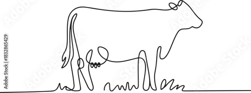 Cows on pasture in One continuous line drawing. Milk calf animal grazing symbol and beef meat farm concept in simple linear style. Editable stroke. one line Icon drawing