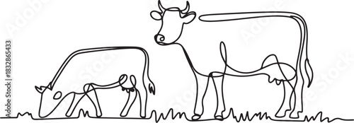 Cows on pasture in One continuous line drawing. Milk calf animal grazing symbol and beef meat farm concept in simple linear style. Editable stroke. one line Icon drawing