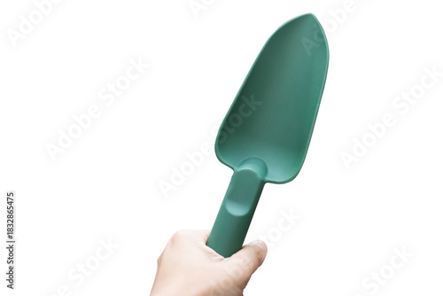 Hand Holding Green Plastic Gardening Trowel Isolated on White