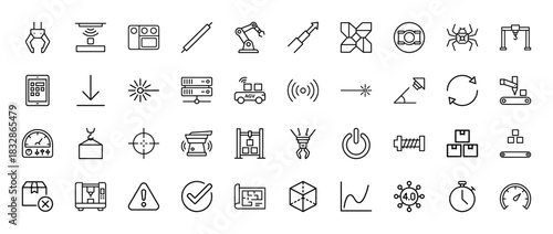 Industrial automation and smart manufacturing line icon set. Vector pictograms of robotic arms, conveyors, quality control, and logistics, thin linear illustration.