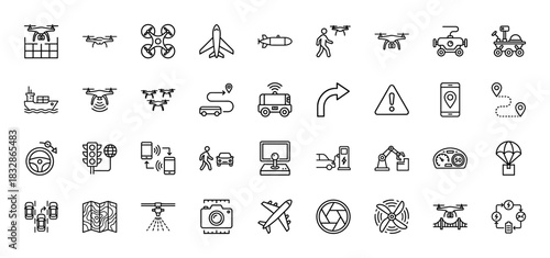 Autonomous systems and smart navigation line icon set. Vector pictograms of drones, rovers, and self-driving vehicles, thin linear illustration.