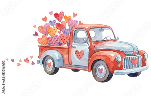 Love truck delivery. Watercolor Valentine's pickup. Truck full of love hearts. Vintage love express. Watercolor heart hauler. Greeting for Happy Valentine's Day. Love on wheels