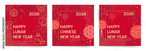 Happy Lunar New Year 2026 Square Template Set with Fans, Coins and Festive Icons. Modern Red and Gold Designs for Chinese Holiday Posts.