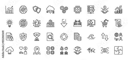 Business and technology line icon set. Vector pictograms of growth, brain, cloud, security, server, and commerce, thin linear illustration.