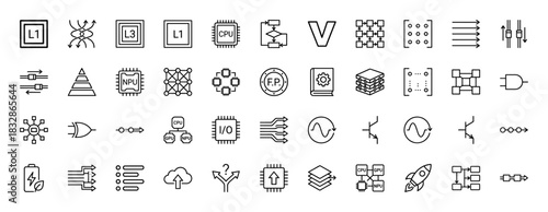 Technology and computing line icon set. Vector pictograms of processors, data flow, circuits, and logic gates, thin linear illustration.