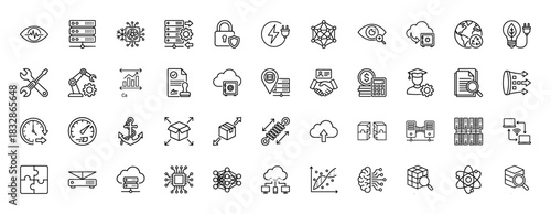 Technology and data line icon set. Vector pictograms of server, cloud, ai, cyber security, robotic arm, network, and analytics, thin linear illustration.