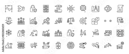 Technology and intellectual property line icon set. Vector pictograms of copyright, pcie, security, brain, and circuit, thin linear illustration.