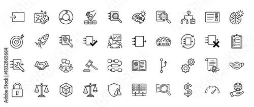Business process management line icon set. Vector pictograms of strategy, target, rocket, brainstorming, workflow, handshake, legal, checklist, thin linear illustration.