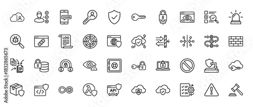 Cybersecurity line icon set. Vector pictograms of firewall, cloud, encryption, shield, safe, key, bug, api, database, lock, thin linear illustration.