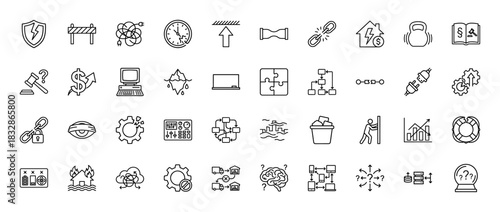 Business and risk management line icon set. Vector pictograms of puzzle, gear, broken link, iceberg, and shield, thin linear illustration.