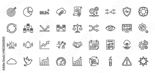 Business and technology line icon set. vector pictograms of target, cloud, report, security shield, and chart, thin linear illustration.