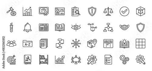 Business and management line icon set. Vector pictograms of research, strategy, finance, and quality control, thin linear illustration.